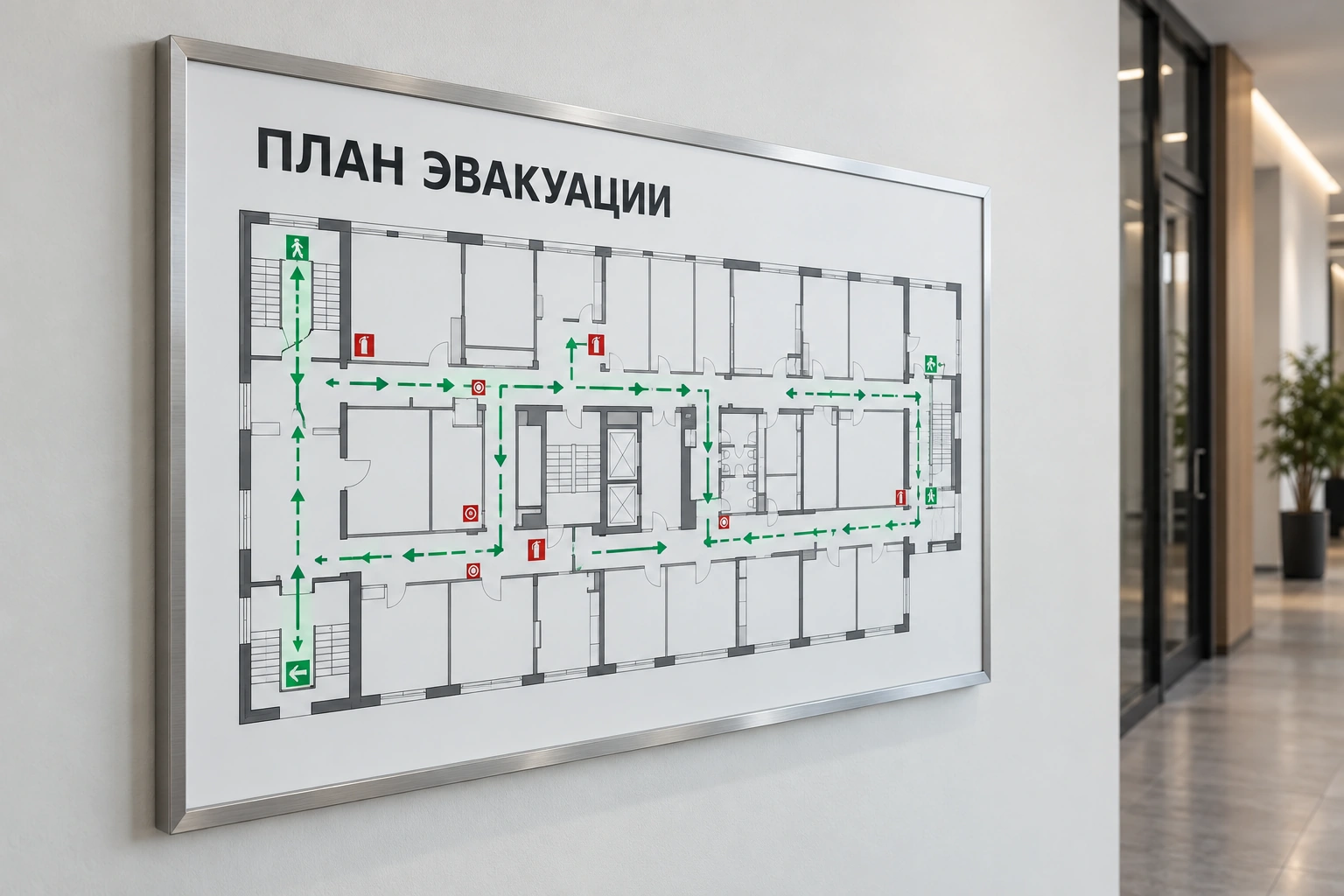 Иллюстрация размещения плана эвакуации в здании, не схема конкретного объекта